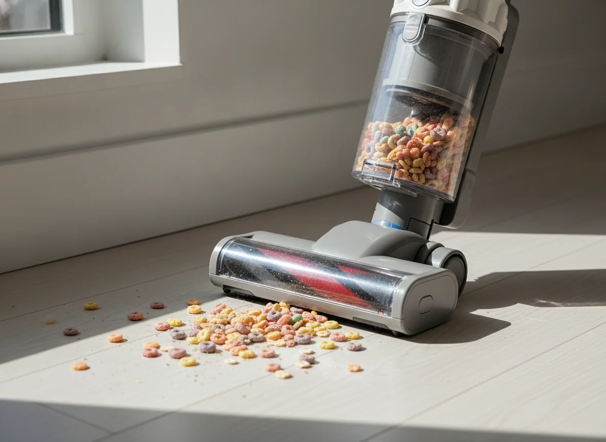 A cordless stick vacuum picks up cereal pieces along a baseboard, its clear dust bin showing debris collecting inside.