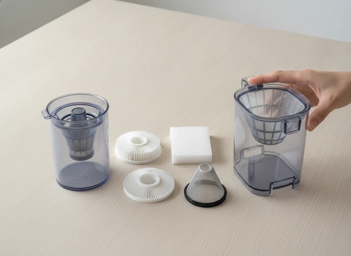 A hand compares their clear dust cups and washable filters on a plain table, showing different capacities and filter shapes.