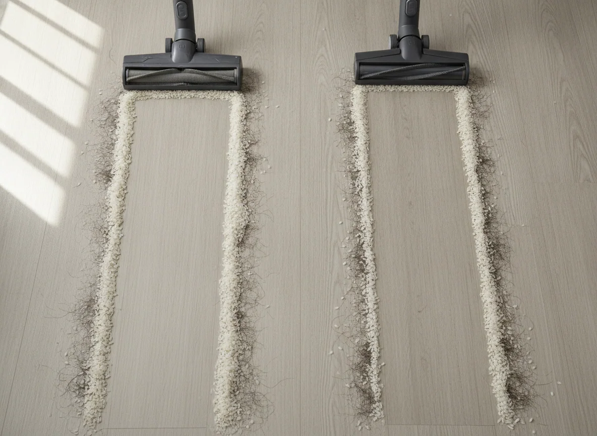 The two generic floor heads clean parallel lines of rice and pet hair on laminate flooring, revealing different head widths and brush designs.