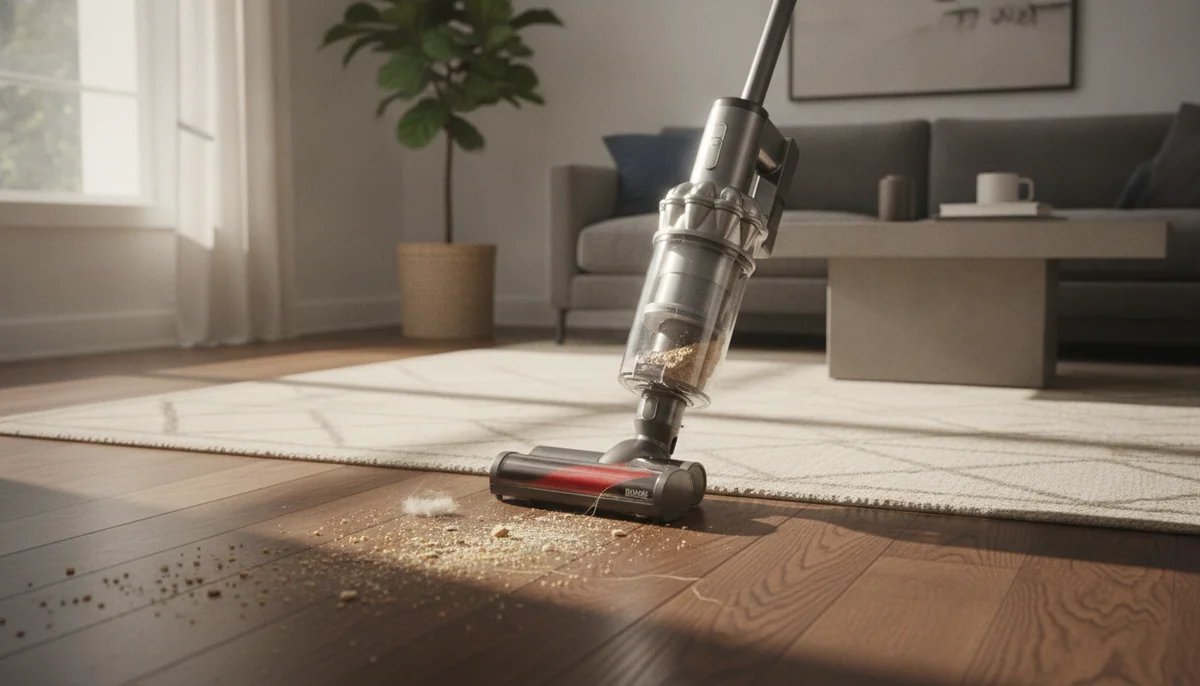 A cordless stick vacuum glides from a bright living room rug onto a hardwood floor, with crumbs and pet hair visible in its cleaning path.