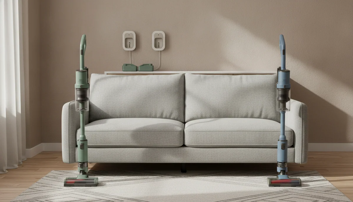 Two affordable cordless stick vacuums stand beside a small sofa in a rental apartment, with removable batteries and compact wall mounts visible behind them.