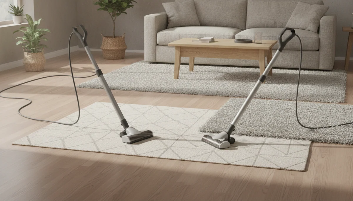 Two slim corded stick vacuums clean opposite sides of a mixed-floor living room, with their power cords extended and their differently shaped floor heads crossing onto a rug.
